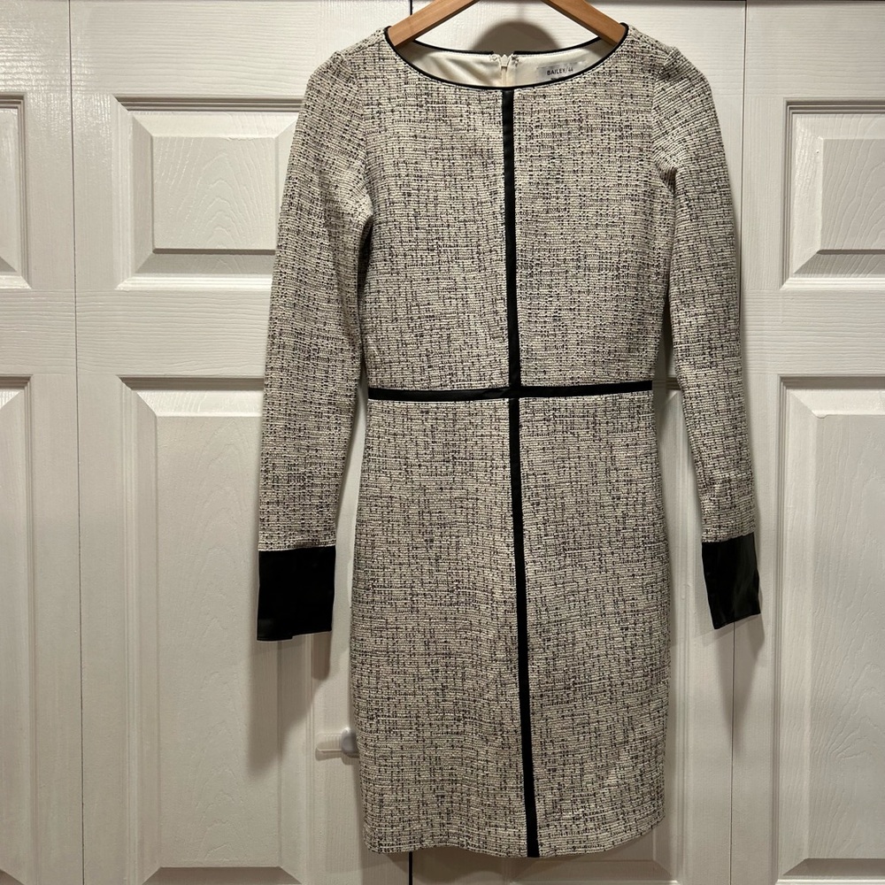 Bailey 44 Textured Black and Cream/ Grey Long Sleeve Mini Dress with leather